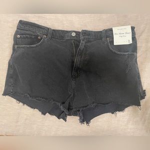 Abercrombie and Fitch, “The Mom Short” high rise black wash denim shorts